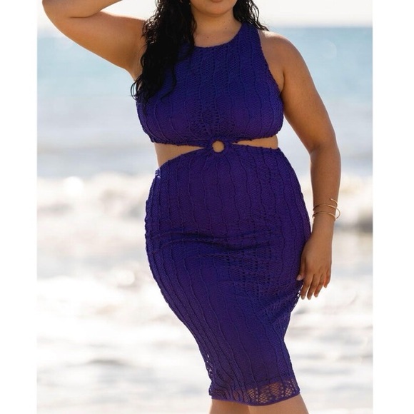 Eloquii Purple Crochet Cut Out Side Sleeveless Coverup Knee Length Midi Dress - Picture 1 of 12